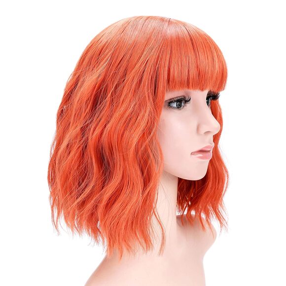 Women's Short Orange Wigs Curly Wavy Shoulder Length Pastel Bob - Picture 2 of 3